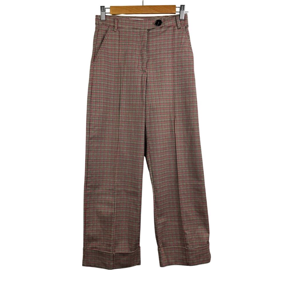 H&M Brown Red Plaid Cropped Pants Size 2 Petite Straight Cuffed Leg Academia